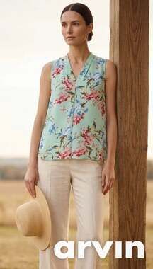 Vince Camuto Light Green Floral Sleeveless V-Neck Top